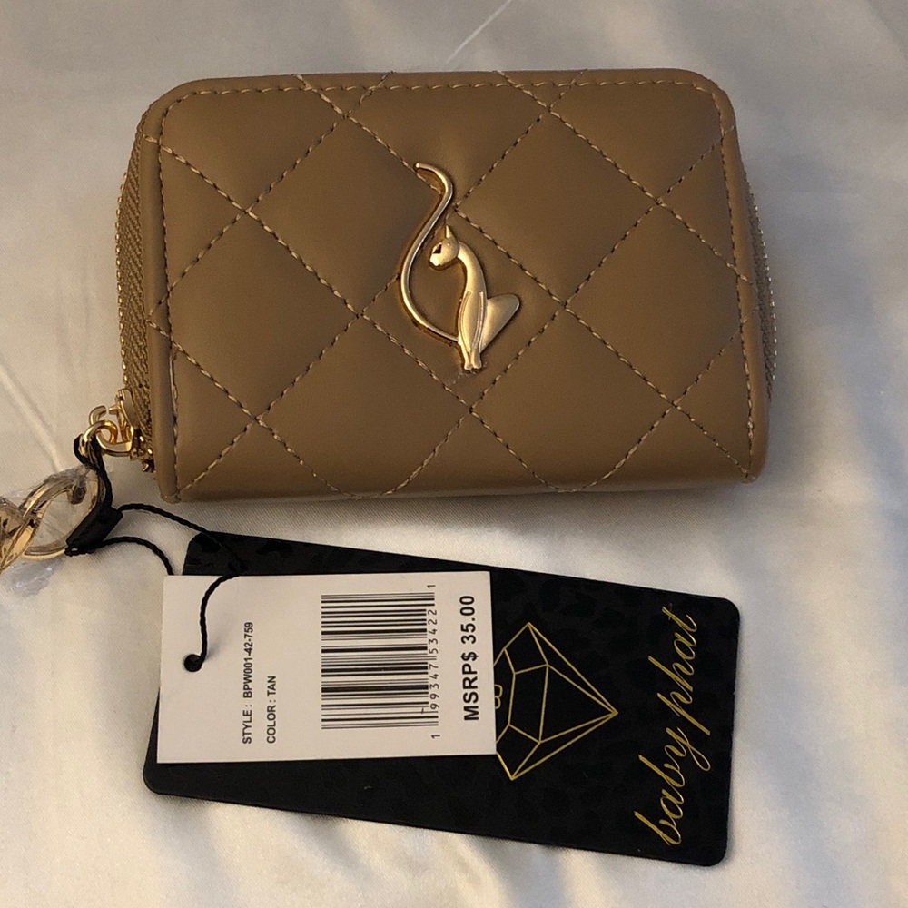 Baby Phat Tan Quilted Zip Around Card Wallet Gold Tone Cat Logo Plate NWT
